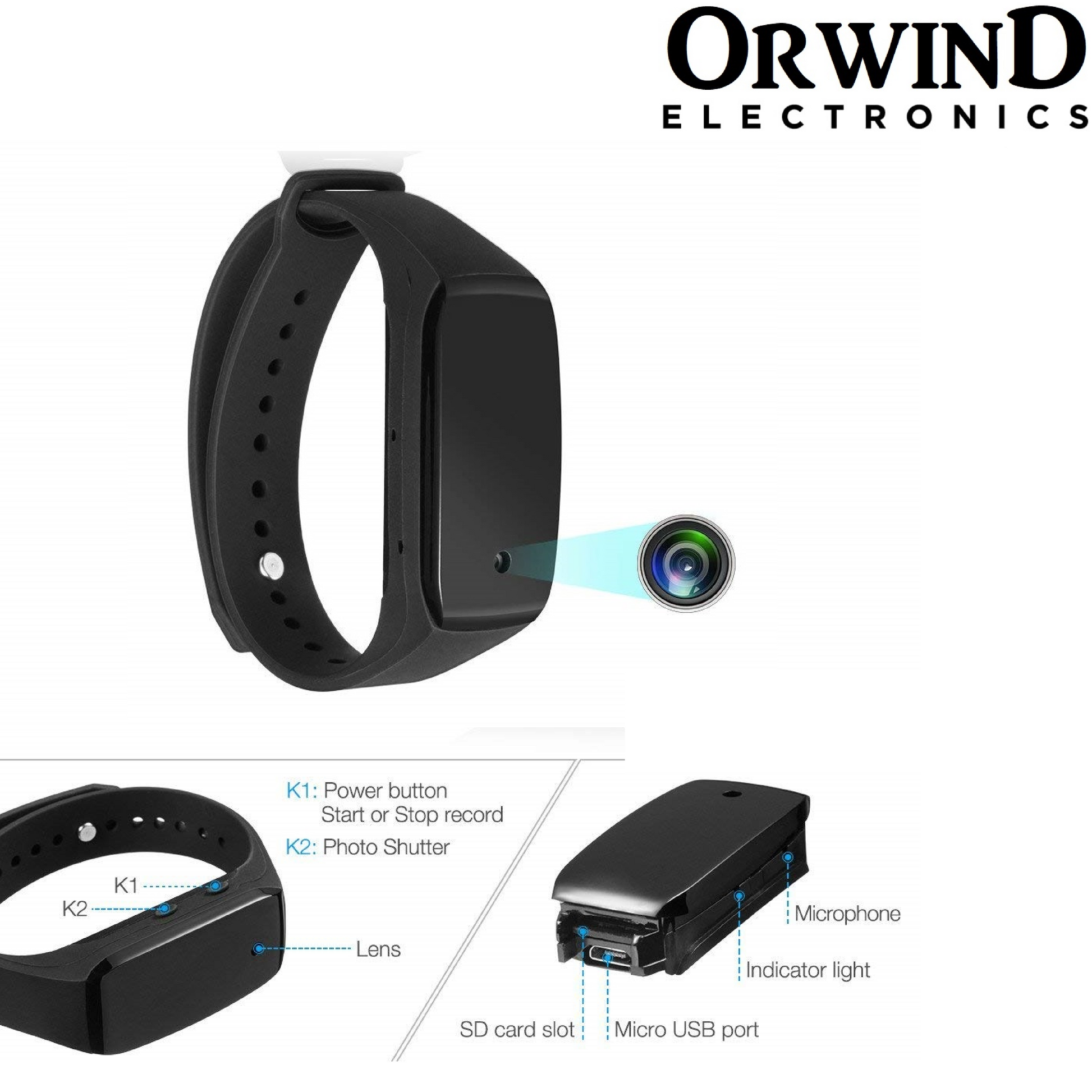 Orwind O2405 Wrist Band Micro Personal Security Camera - Matte Black